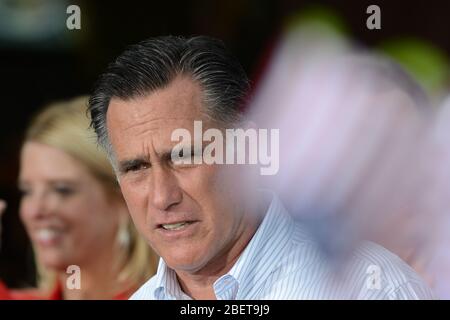 MIAMI, FL - AUGUST 13: Republican presidential candidate and former Massachusetts Governor Mitt Romney speaks during a campaign rally at El Palacio De Stock Photo