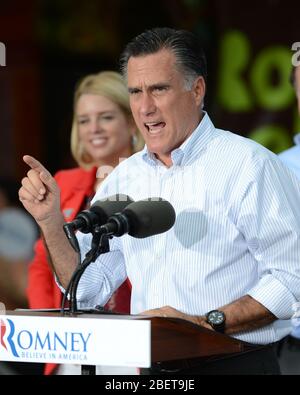 MIAMI, FL - AUGUST 13: Republican presidential candidate and former Massachusetts Governor Mitt Romney speaks during a campaign rally at El Palacio De Stock Photo