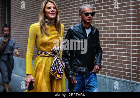 MILAN, Italy- September 19 2019: Anna Dello Russo and Angelo Gioia on the street during the Milan Fashion Week. Stock Photo