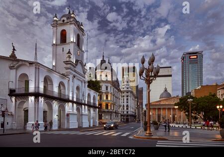 Plaza de Mayo (May Square) and cabildo building, at dusk. Buenos Aires, Argentina Stock Photo