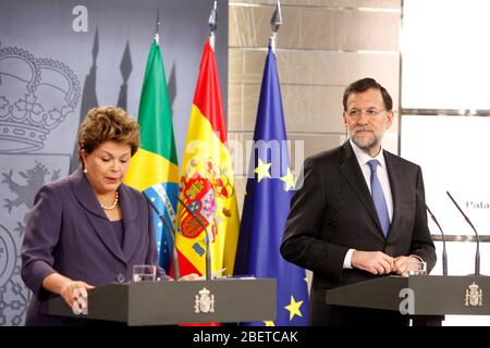 Spain's Prime Minister Mariano Rajoy and Brazil's President Dilma Rousseff during an official visit and press conference at La Moncloa palace. Novembe