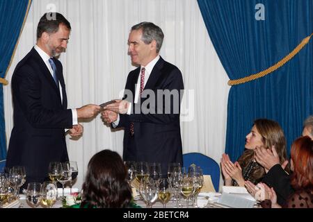 Prince Felipe of Spain, Michael Ignatieff and Princess Letizia of Spain attend the 'Francisco Cerecedo Journalism Award' ceremony at the Ritz Hotel in Stock Photo