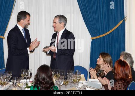 Prince Felipe of Spain, Michael Ignatieff and Princess Letizia of Spain attend the 'Francisco Cerecedo Journalism Award' ceremony at the Ritz Hotel in Stock Photo