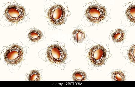 Creative Easter background. Pattern with colored eggs. Easter concept. Top view. Stock Photo