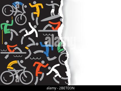 Outdoor fitness icons background on torn paper background. Background with Colorful icons of athletes. Banner template, place for your text or image. Stock Vector