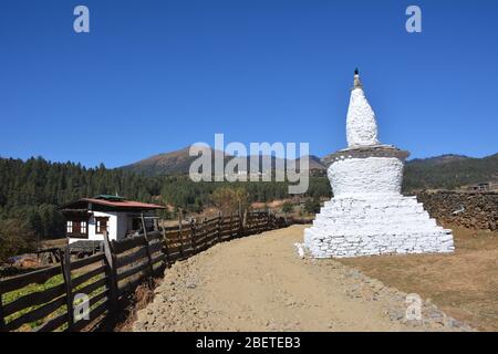 A stupa / chorten near Gangtey in the Phobjikha Valley, Bhutan. Stock Photo