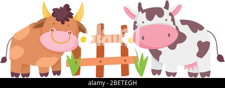 farm animals bull and cow wooden fence flowers hills cartoon vector ...