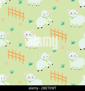 cute happy sheeps on green seamless vector pattern Stock Vector