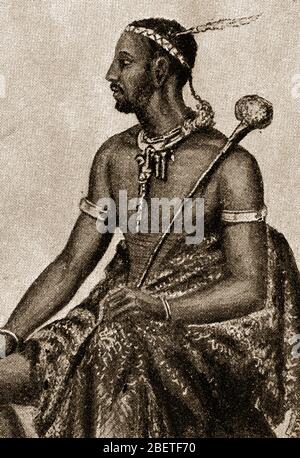 King Moshesh (Moshoeshoe) of Basutoland (1786-1870) as a young man in tribal dress. He was also known as  Mshweshwe, Moshweshwe, or Moshesh, and had the original tribal names of Lepoqo and  Letlama. He  became a strong leader and is best known for uniting the various small tribes  to form the Sotho  nation - (present-day Lesotho). Stock Photo