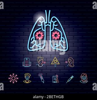 set of icons coronavirus prevention and lungs in neon light vector illustration design Stock Vector