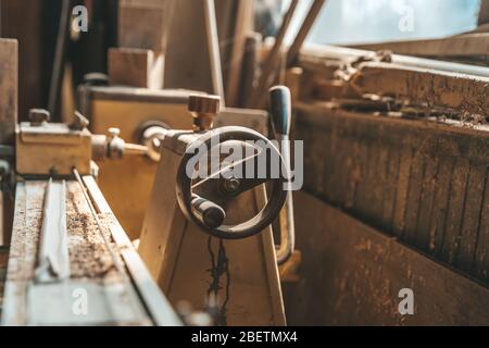 detail of lathe control element in a joinery Stock Photo
