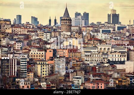 Istanbul, Turkey - February 12, 2020: View from the observation deck of the Suleymaniye Mosque towards the Bereketzade neighborhood of Beyoglu distric Stock Photo