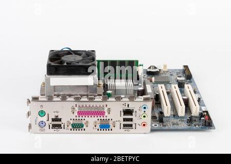 Close up of ports of computer motherboard, isolated on white background. Stock Photo