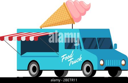 Fast food blue truck. Ice cream waffle cone on van roof. Sweet eskimo car delivery service or festival on street popsicle wheels vector flat isolated illustration Stock Vector