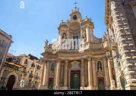 Basilica della Collegiata Baroque church Santa Maria dell' Elemosina Royal Chapel (Regia Cappella) on Via Etna street in city centre of Catania, Sicil Stock Photo