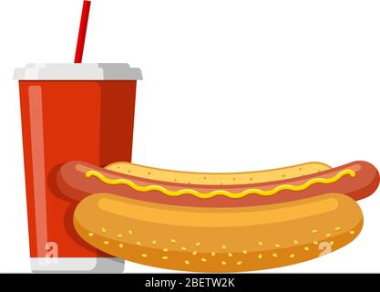 Red disposable paper cup with drinking straw for soda or juice cocktail and cartoon fast food hot dog. Hotdog sausage in bread bun and fresh beverage set isolated flat vector illustration Stock Vector