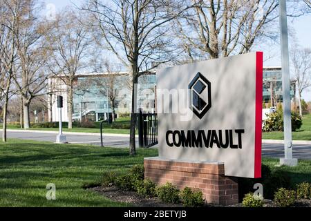 A logo sign outside of the headquarters of Commvault in Tinton Falls ...
