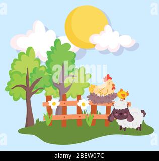 cute horse fence and flowers farm animal cartoon vector illustration ...