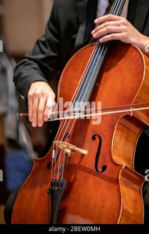 Cello being played by a musician during a wedding ceremony Stock Photo
