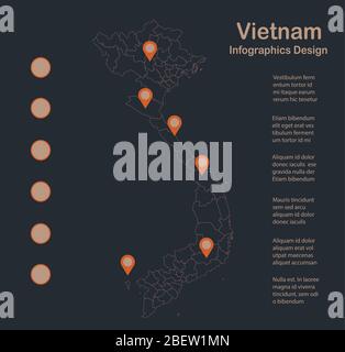 Infographics Vietnam map outline, flat design, color blue orange vector Stock Vector