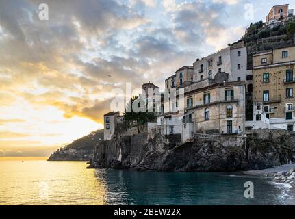 The typical village of Minori overlooking the Tyrrhenian sea at sunset, Amalfi Coast, Campania, Italy Stock Photo