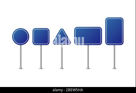Blue road signs. Realistic road sign set. Road sign template for text. Stock Vector