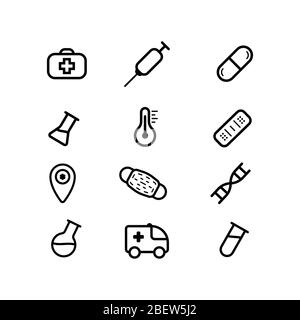 100 medical icons. Vector black pictograms for web, internet, computer, mobile apps, interface design: medicine personal, nurse, doctor, pill, thermom Stock Vector