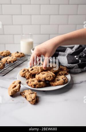 Hand taking a chocolate chip cookie from plate of freshly baked ones. Stock Photo