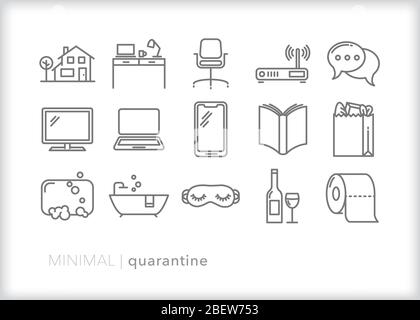 Set of quarantine line icons for following stay-at-home orders and working from home during a pandemic such as coronavirus Stock Vector