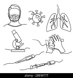 The man in the mask, cell of virus, lungs, microscope, hands, syringe, thermometer., profile portrait drawn in one line. Isolated stock vector illustr Stock Vector