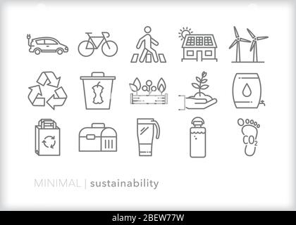 Set of sustainability line icons for reducing waste, recycling, being environmentally friendly and practicing a conservation lifestyle Stock Vector