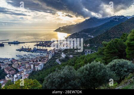 Scenic aerial view at sunset of Salerno and Amalfi coast from Arechi castle, Campania, Italy Stock Photo