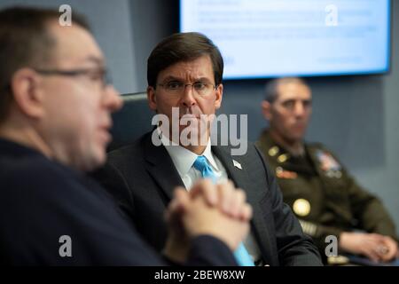 Washington, United States Of America. 15th Apr, 2020. Washington, United States of America. 15 April, 2020. U.S. Defense Secretary Mark Esper, is briefed my Federal Emergency Management Agency administrator Pete Gaynor and staff, on COVID-19 operations during a visit to FEMA Headquarters April 15, 2020 in Washington, DC. Credit: Marvin Lynchard/DOD/Alamy Live News Stock Photo