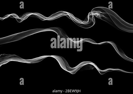 Abstract swirl white flame or Beautiful wavy smoke isolated over black background overlay. Fresh eco vawy set collection Stock Photo