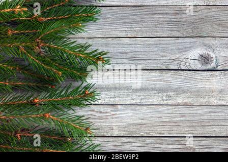 border of christmas tree branches on wooden background Stock Photo
