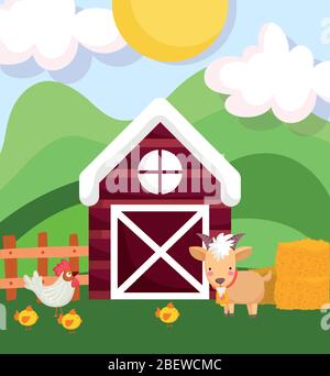 farm animals rooster and chickens barn fence hay cartoon vector ...