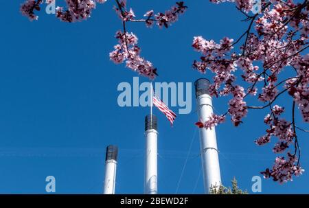 Old Mill smokestacks in Bend, Oregon Stock Photo