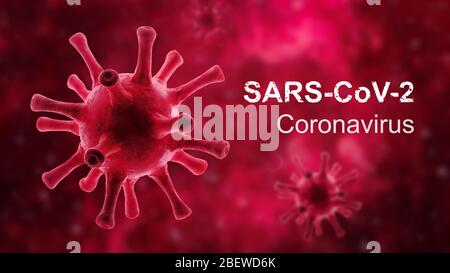 COVID19 coronavirus poster, 3d illustration, red corona virus in cell and inscription SARS-CoV-2. Global coronavirus outbreak and pandemic. Banner wit