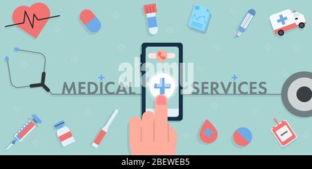 Concept online medical service vector illustration and medical flat icon design. Contacting healthcare service with smartphone application. Stock Vector