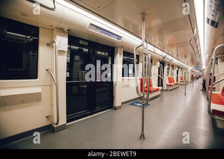 SANTIAGO, CHILE-APRIL 14, 2020 - Santiago Metro wagon almost empty due to the quarantine that affects some communes of the city due to the Covid 19 pa Stock Photo