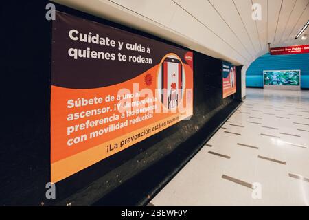 SANTIAGO, CHILE-APRIL 14, 2020 - Covid 19 care message on the Santiago Metro. 'Take care of yourself and those around you' Stock Photo
