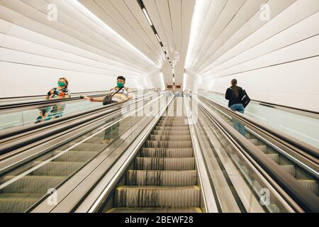 SANTIAGO, CHILE-APRIL 14, 2020 - Few passengers circulate through the Metro stations of Santiago due to the quarantine that affects some communes of t Stock Photo