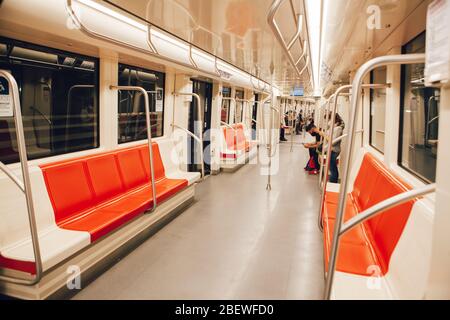 SANTIAGO, CHILE-APRIL 14, 2020 - Santiago Metro wagon almost empty due to the quarantine that affects some communes of the city due to the Covid 19 pa Stock Photo