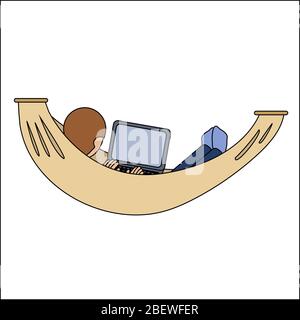 Man businessman sitting in hammock and working with his laptop computer. place for work. cartoon vector illustration Stock Vector