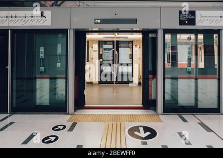 SANTIAGO, CHILE-APRIL 14, 2020 - Santiago Metro wagon almost empty due to the quarantine that affects some communes of the city due to the Covid 19 pa Stock Photo