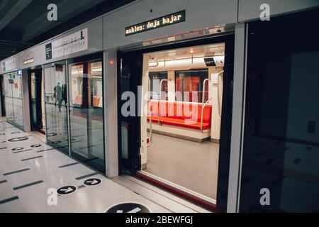 SANTIAGO, CHILE-APRIL 14, 2020 - Santiago Metro wagon almost empty due to the quarantine that affects some communes of the city due to the Covid 19 pa Stock Photo