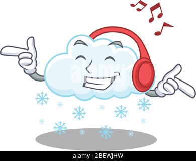Snowy cloud Cartoon design concept listening music Stock Vector