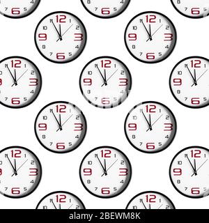 Seamless pattern with clocks on white background. black and white round classic wall clock. Stock Photo