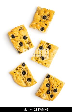 Homemade Italian Focaccia with olives. Traditional Italian pastries isolated on white background. Stock Photo