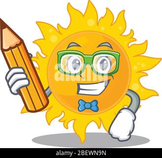 A brainy student summer sun cartoon character with pencil and glasses Stock Vector